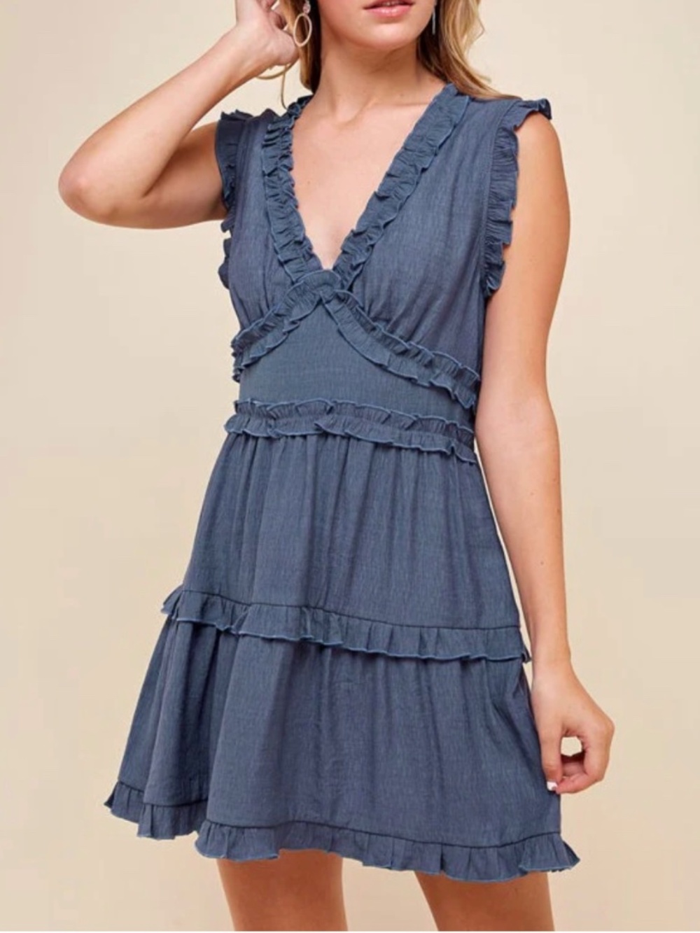 Pinch Ruffle sleeveless,V-neck smocked waist blue dress size small Boho cotton